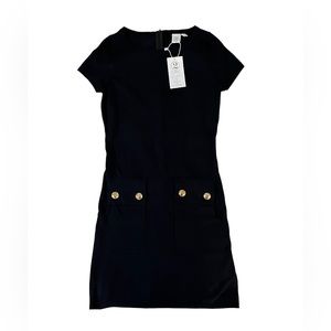 Muche et Muchette Black Short Sleeve Knit Dress Medium, Gold Button Pocket NWT